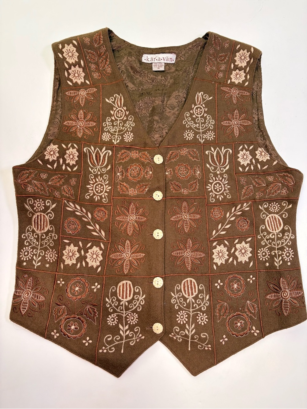 Karavan Embroidered Brown Wool Button Vest